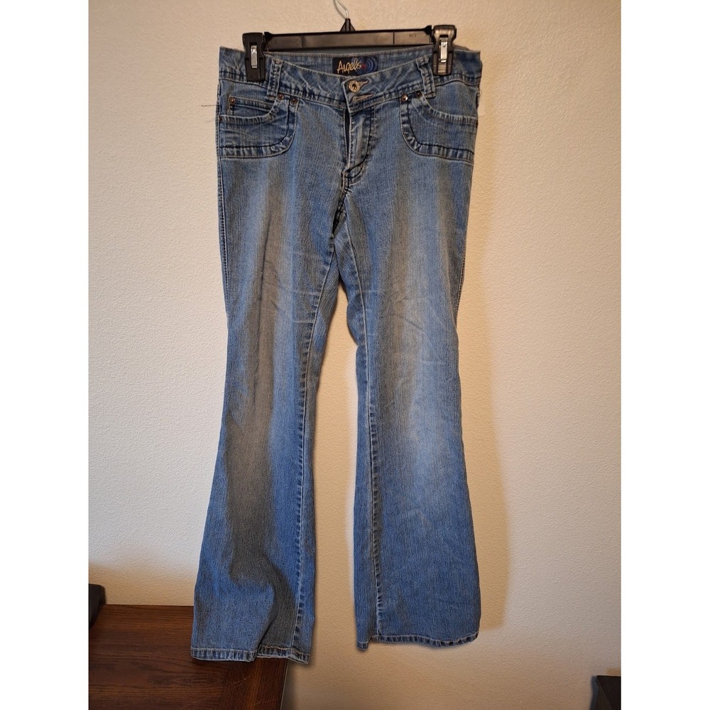 Angels Jeans Womens Size 9 Blue Medium Wash Flare Leg Flap Pocket Denim Y2K
